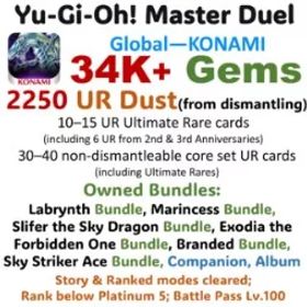 遊戯王マスターデュエル 34K Gems | 2,250 UR Dust in total (including 50–60 dismantleable URs) | Owned 8 Bundles Sets