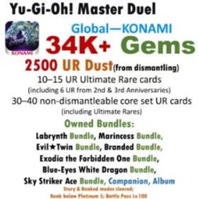 遊戯王マスターデュエル 34K Gems | 2,500 UR Dust in total (including 100–120 dismantleable URs) | Owned 10 Bundles Sets