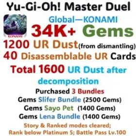 遊戯王マスターデュエル 34K Gems | 1,600 UR Dust in total (including 40-50 dismantleable URs) | Owned 3 Bundles Sets