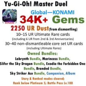 遊戯王マスターデュエル 34K Gems | 2,250 UR Dust in total (including 50–60 dismantleable URs) | Owned 8 Bundles Sets