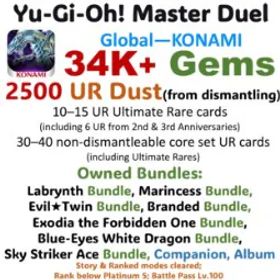 遊戯王マスターデュエル 34K Gems | 2,500 UR Dust in total (including 100–120 dismantleable URs) | Owned 10 Bundles Sets