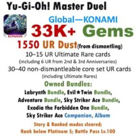 遊戯王マスターデュエル 33K Gems | 1,550 UR Dust in total (including 62–77 dismantleable URs) | Owned 7 Bundles Sets