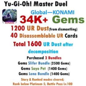 遊戯王マスターデュエル 34K Gems | 1,600 UR Dust in total (including 40-50 dismantleable URs) | Owned 3 Bundles Sets