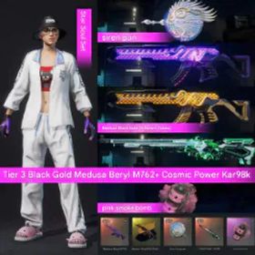 ピーユービージー バトルグラウンズ 🐍 Level 3 Medusa – Beryl M762 (Black & Gold Variant) 🍳 Level 2 Siren Pan 🌌 Power of the Universe – Kar98k 💗 Pink Smoke Grenade