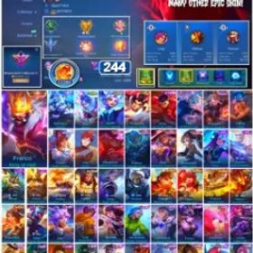 モバイルレジェンド 🔥 #3547 🔥 244 Skins 💎 Legend Franco 👑 Naruto Vale Gaara ⚔️ Stun Chou ⭐ M-World Ling 🌟 Fanny Lightborn Ranger 🎯 KoF Karina ✨ Many Limited 🔱 Many Epic ✅