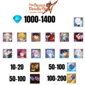 七つの大罪 光と闇の交戦: グラクロ [GLOBAL] 1000-1400 GEMS | SUBARU/BEATRICE | SALOS | ESCANOR/MERLIN | SHINRA | 7 FEST UR | 9 COLLAB | 10-20 FEST SSR | 50-100 UR/SSR | 50-100 TICKET SSR