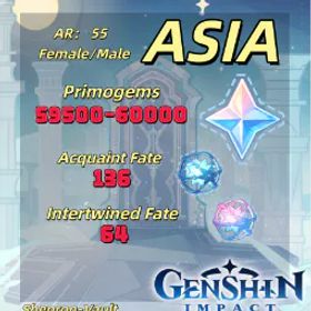 原神 【Asia】59.5K-60K +Primogems | 136+ Acquaint Fate| 64 Intertwined Fate[Male]
