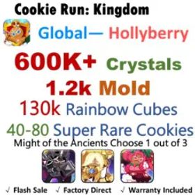 Cookie Run: Kingdom 【Hollyberry】600K-620K+ Crystals | 1.2K Cookie Molds | 130K Rainbow Cubes | 40-50 Super Rare Cookies | Android&IOS universal