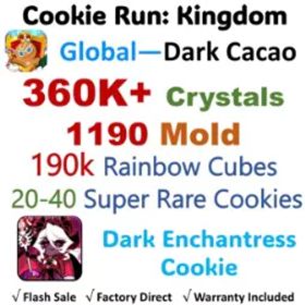 Cookie Run: Kingdom 【Dark Cacao】Dark Enchantress Cookie | 360K+ Crystals |1190 Cookie Molds | 190K Rainbow Cubes | 20-40 Super Rare Cookies | Android&IOS universal