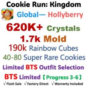 Cookie Run: Kingdom 【Hollyberry】620K-640K+ Crystals | 1.7K-1.8K Cookie Molds | 190K-200K Rainbow Cubes | Limited BTS Outfit Selection + BTS Limited【Progress 3-6】 | Android&IOS univ