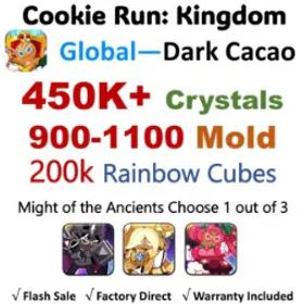 Cookie Run: Kingdom 【Dark Cacao】450K-460K+ Crystals | 900-1.3K Cookie Molds | 200K Rainbow Cubes | 25-40 Super Rare Cookies | Android&IOS universal