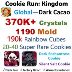 Cookie Run: Kingdom 【Dark Cacao】Dark Enchantress Cookie + Silent Salt Cookie | 370K+ Crystals | 1190Cookie Molds | 190K Rainbow Cubes | 20-40 Super Rare Cookies | Android&IOS unive