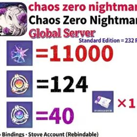 Chaos Zero Nightmare Chaos Zero Nightmare Global Server Starter Account | 232 Pulls, 11000 Gems, 124+40 Summon Tickets, 1 Selector Card | Stove Unbound, Rebindable