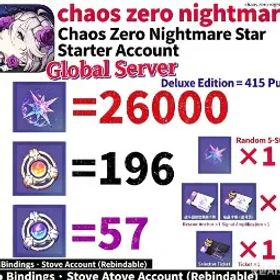 Chaos Zero Nightmare [GLOBAL SERVER] Chaos Zero Nightmare CZN Starter Reroll Account | 415 Pulls | 26000 Crystals | Stove Rebindable