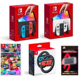 任天堂 Nintendo Switch ( 有機ELモデル ) 得々4点セット （本体 + マリオカート８ + Joy-Conハンドル + 保護フィルム ）